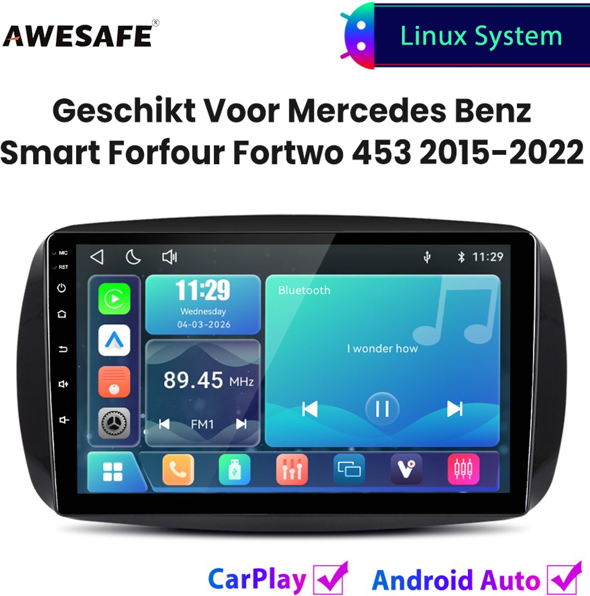 Awesafe Autoradio - Geschikt Voor Mercedes Benz Smart Forfour Fortwo 453 2015 t/m 2022 - Draadloos Carplay Android Auto - Linux systeem - 9 Inch Touchscreen - Bluetooth Wifi - 2015 2016 2017 2018 2019 2020 2021 2022