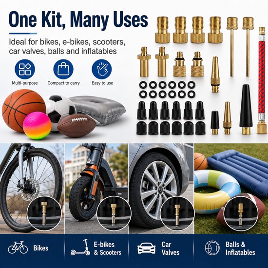 Ventiel Adapter Set Fiets - 38 Delige Ventielset - Fiets Ventiel Verloopstukken - Balnaalden & Pomp Adapters - Universele Fietsaccessoires — afbeelding 2
