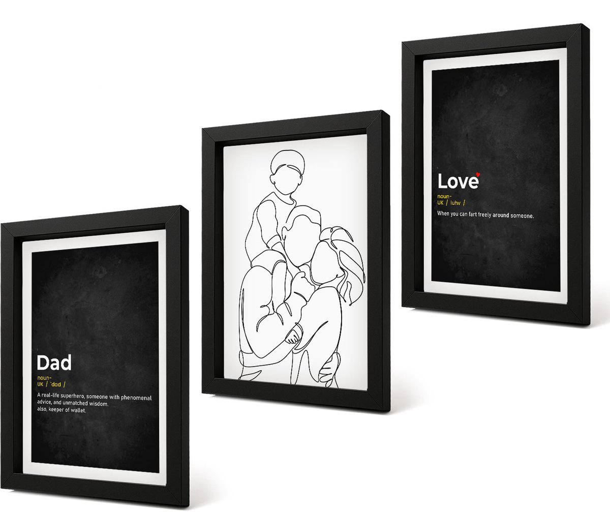 Coloray 4-Delige Schilderij Set - Familielijnkunst met definities van liefde en vaderschap. - 20 x 30 cm - Decoratieve Schilderijen - Woonkamer - Interieur - Wanddecoratie