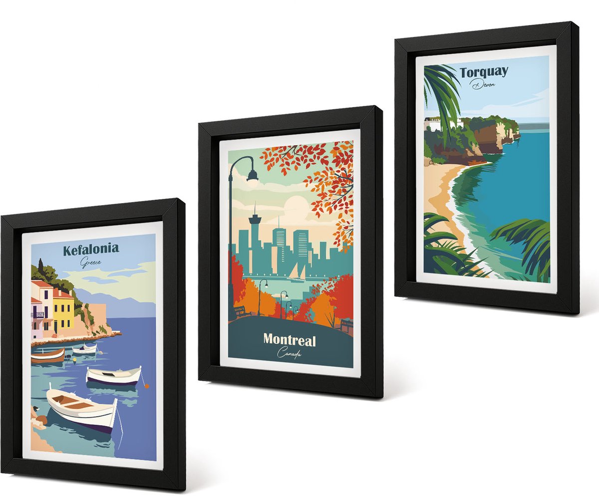 Coloray 4-Delige Schilderij Set - Stadsgezichten en landschappen uit Griekenland, Canada en Australië - 20 x 30 cm - Wanddecoratie - Muurdecoratie - Woonkamer - Moderne Wanddecoratie