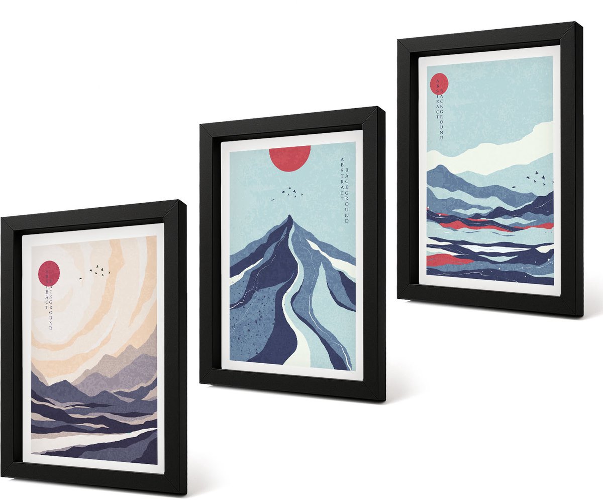 Coloray 4-Delige Schilderij Set - Abstracte berglandschappen in Japanse stijl - 20 x 30 cm - Wanddecoratie - Muurdecoratie - Moderne Interieurdecoratie - Moderne Wanddecoratie