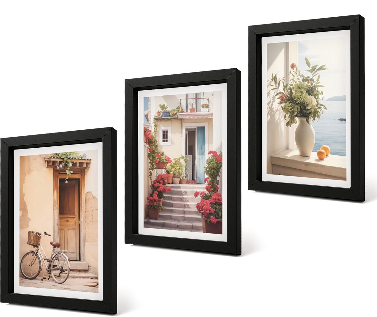Coloray 4-Delige Schilderij Set - Charmante straatjes langs de kust met bloemen en fietsen. - 20 x 30 cm - Muurdecoratie - Interieur Decoratie - Moderne Wanddecoratie