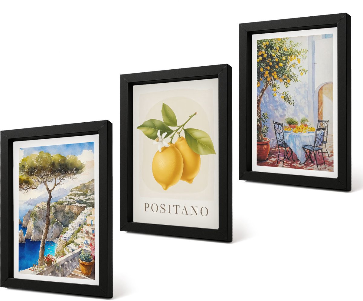 Coloray 4-Delige Schilderij Set - Uitzicht op Positano met bomen en citroenen in de zon. - 20 x 30 cm - Stijlvolle Wanddecoratie - Interieur