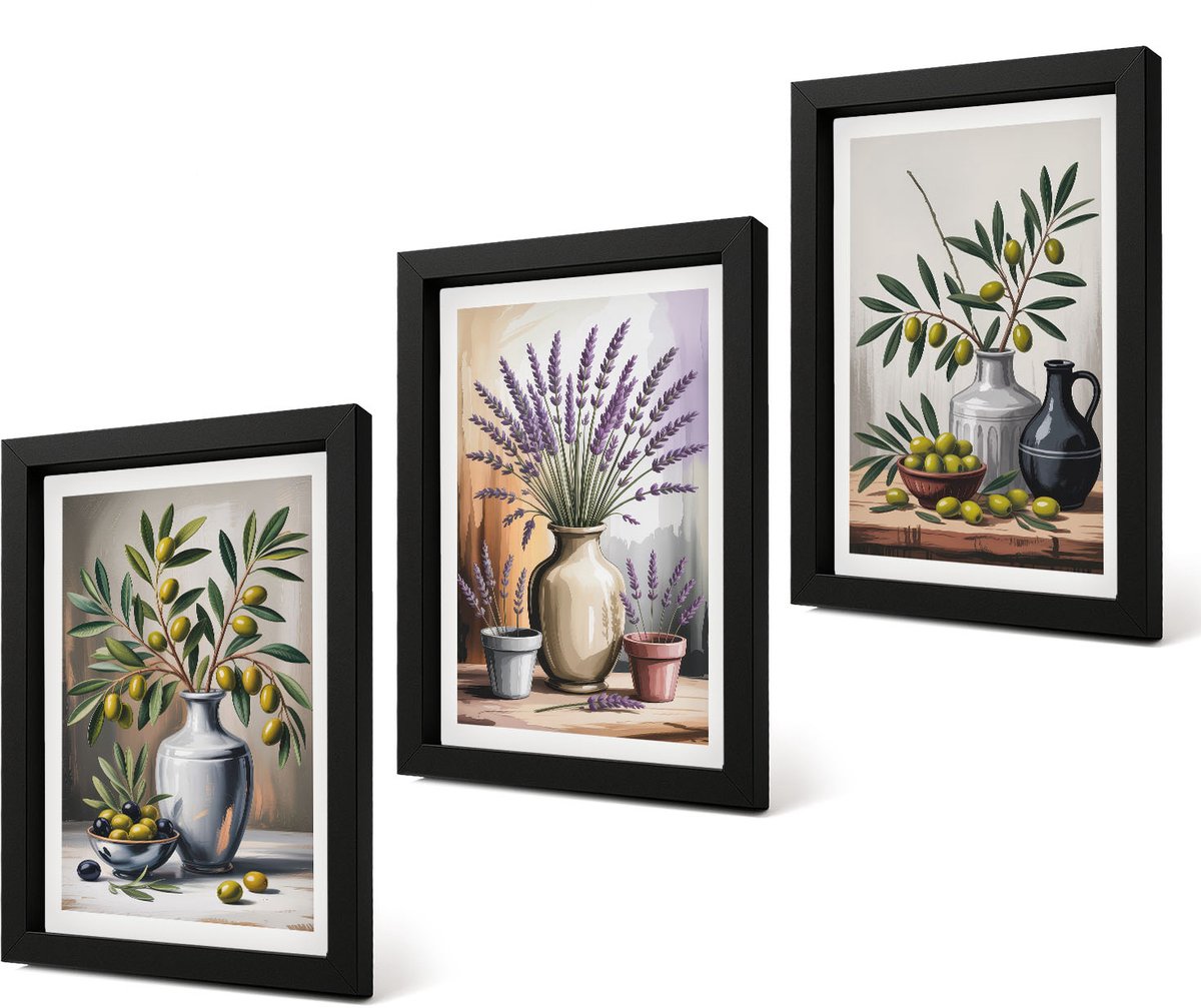 Coloray 4-Delige Schilderij Set - Bloemen en olijven in vazen ​​op een lichte achtergrond - 20 x 30 cm - Muurdecoratie - Decoratieve Schilderijen - Wohnzimmer - Wanddecoratie