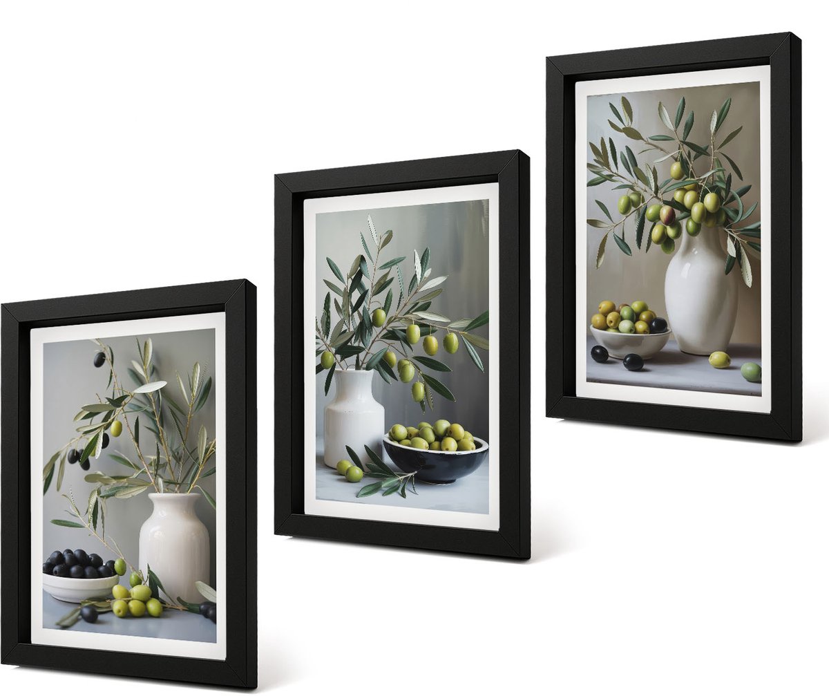 Coloray 4-Delige Schilderij Set - Olijven in vazen ​​met takken op een grijze achtergrond - 20 x 30 cm - Stijlvolle Muurdecoratie - Kantoor - Woonkamer Decoratie
