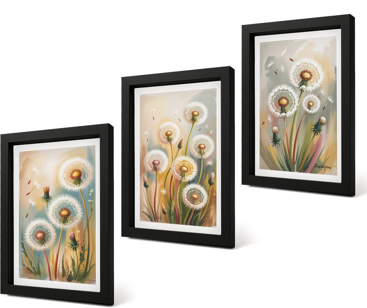 Coloray 4-Delige Schilderij Set - Paardenbloemen tegen een pastelkleurige grasachtergrond - 20 x 30 cm - Schilderijen Set - Wanddecoratie - Woonkamer