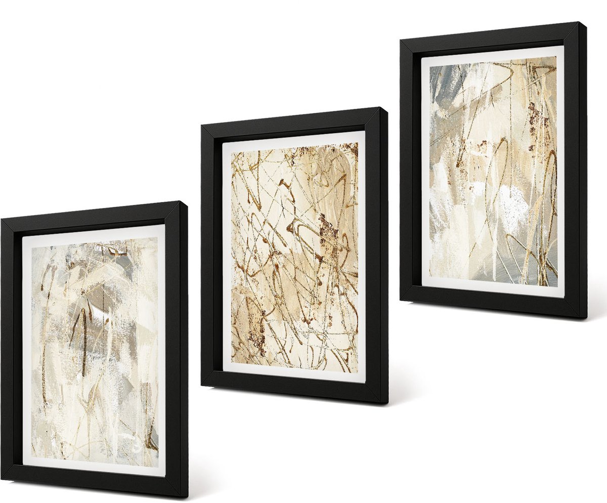 Coloray 4-Delige Schilderij Set - Abstracte patronen in beige en grijze tinten. - 20 x 30 cm - Muurdecoratie - Wanddecoratie - Hal