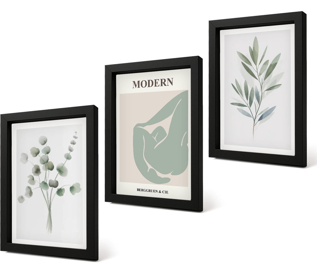 Coloray 4-Delige Schilderij Set - Plantmotieven in delicate groene tinten - 20 x 30 cm - Wanddecoratie - Schilderijen Set - Kantoor - Moderne Wanddecoratie
