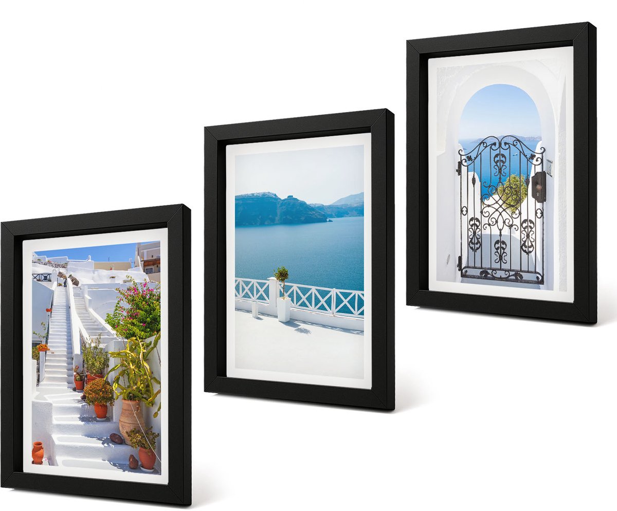 Coloray 4-Delige Schilderij Set - Witte trap met planten, uitzicht op zee en poort - 20 x 30 cm - Wanddecoratie - Schilderijen Set - Interieur - Stijlvolle Muurdecoratie Zwarte lijst