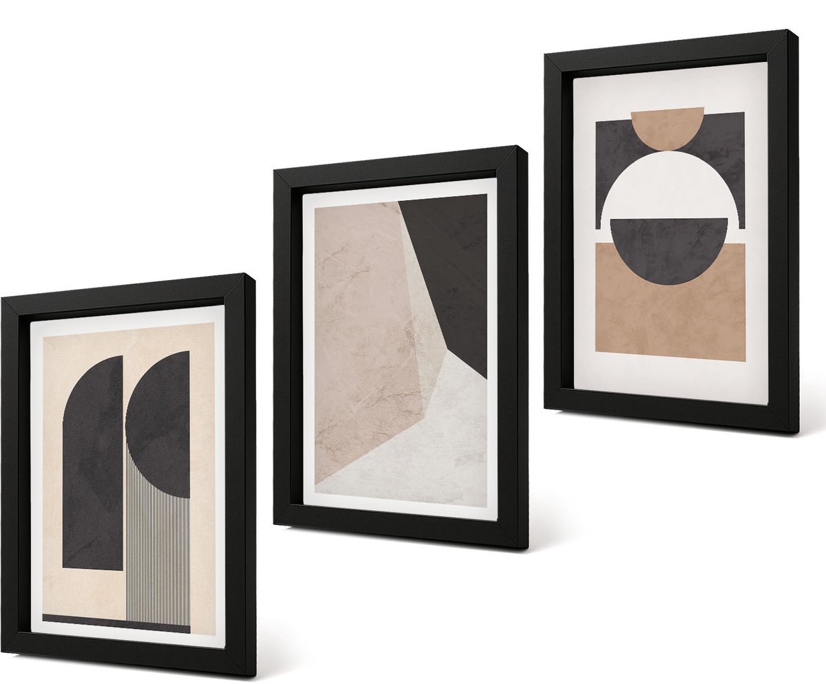 Coloray 4-Delige Schilderij Set - Abstracte vormen in beige en bruine tinten. - 20 x 30 cm - Decoratieve Muurdecoratie - Slaapkamer - Woonkamer Decoratie Zwarte lijst