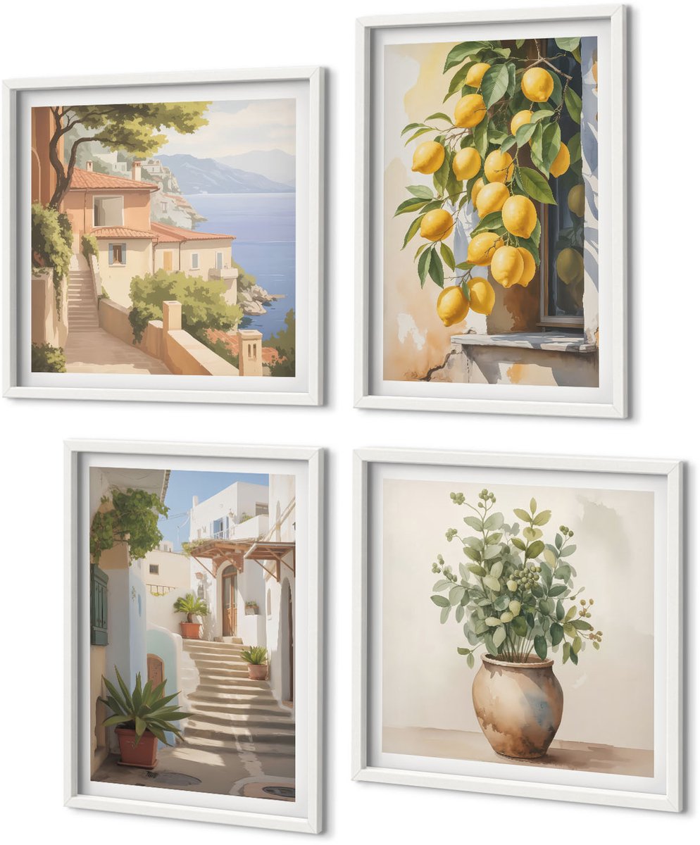 Coloray 4-Delige Schilderij Set - Potplanten En Citroenen Tegen De Achtergrond Van Een Straat. - 40 x 40 En 40 x 60 - Stijlvolle Muurdecoratie - Kantoor