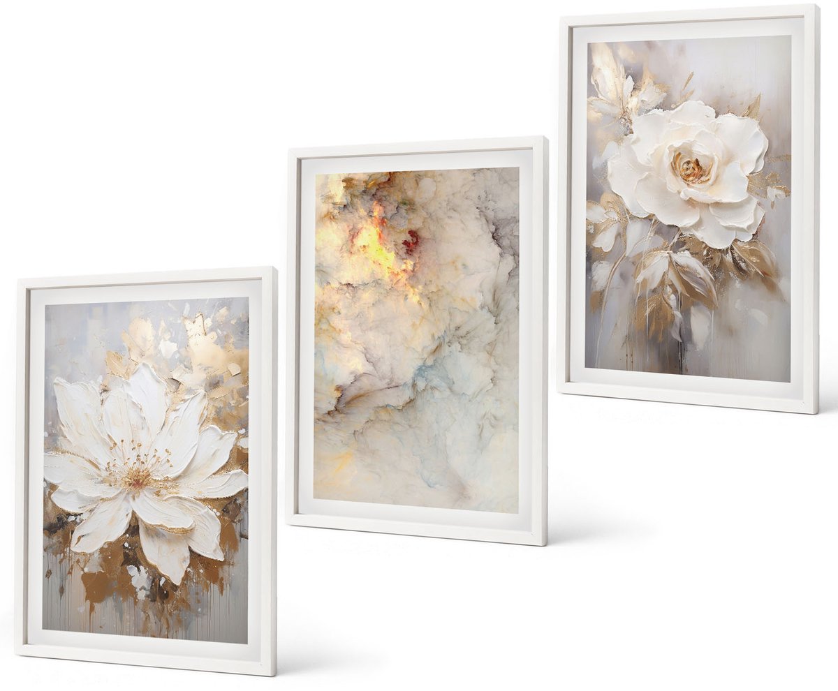 Coloray 3-Delige Schilderij Set - Bloemen Op Een Lichte Achtergrond Met Abstracte Patronen. - 40 x 60 - Muurdecoratie - Decoratieve Schilderijen - Wohnzimmer - Stijlvolle Muurdecoratie