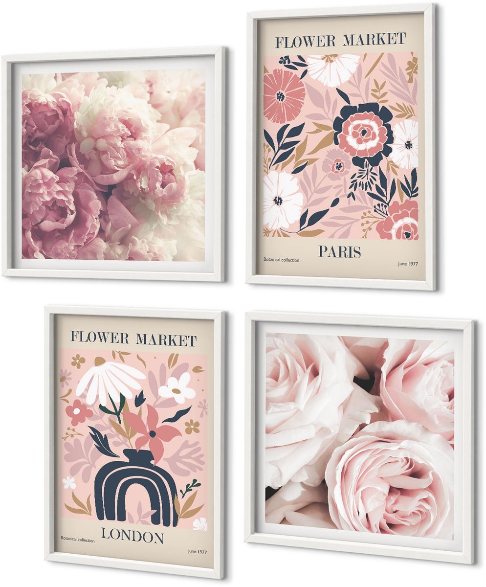 Coloray 4-Delige Schilderij Set - Bloemmotieven Rozen Pioenrozen Londen Parijs - 40 x 40 En 40 x 60 - Muurdecoratie - Decoratieve Schilderijen - Wohnzimmer - Woonkamer Decoratie Witte lijst