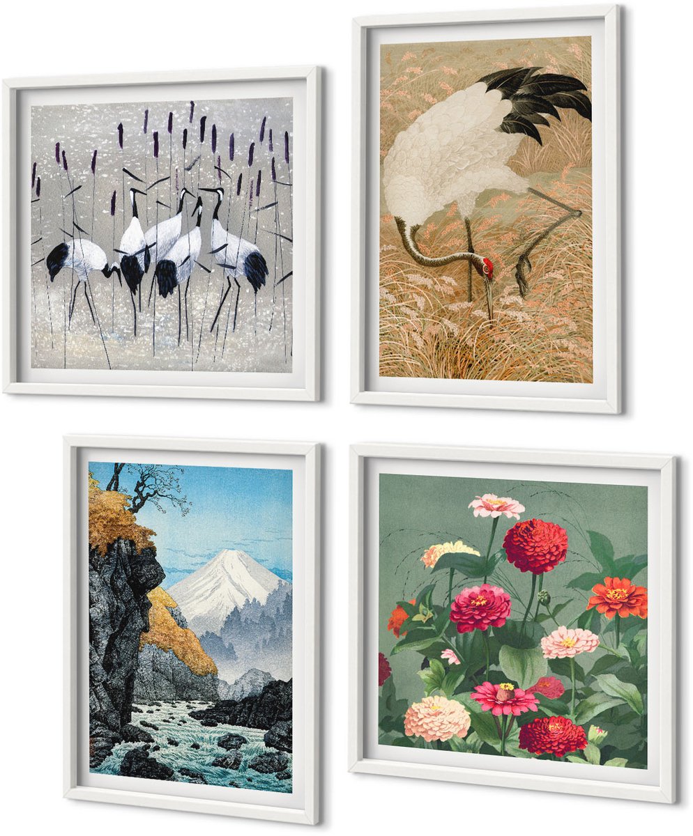 Coloray 4-Delige Schilderij Set - Bergen In Het Landschap, Een Rivier, Bloemen En Kraanvogels In Het Gras. - 40 x 40 En 40 x 60 - Wanddecoratie - Muurdecoratie - Woonkamer - Interieur Decoratie