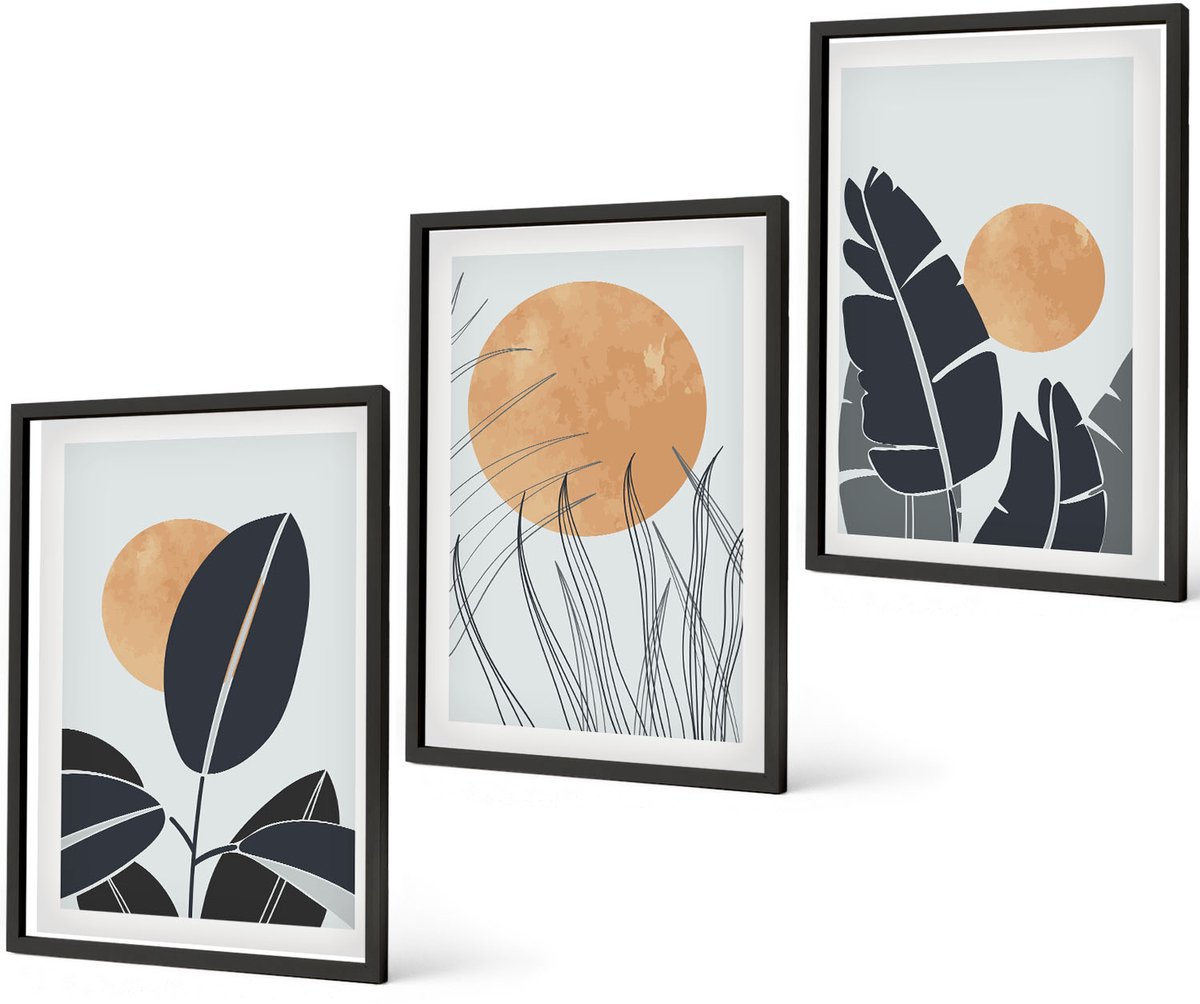 Coloray 3-Delige Schilderij Set - Plantenpatronen Met Grote Zonnen In Minimalistische Stijl - 40 x 60 cm - Wanddecoratie - Schilderijen Set - Kantoor - Interieur Decoratie