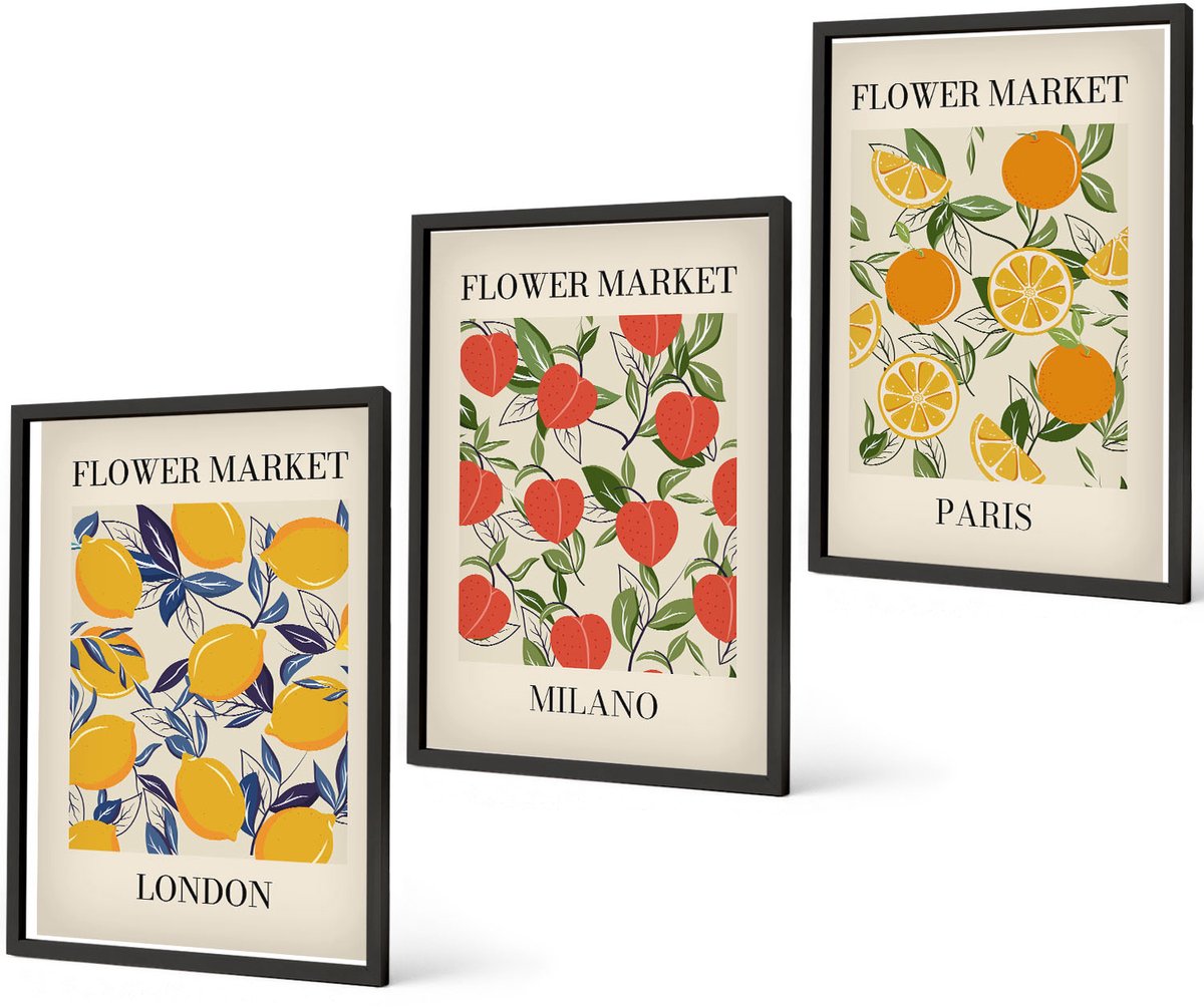 Coloray 3-Delige Schilderij Set - Bloemenposters In Londen, Milaan En Parijs - 40 x 60 cm - Muurdecoratie - Schilderijen Set - Woonkamer - Interieur Decoratie