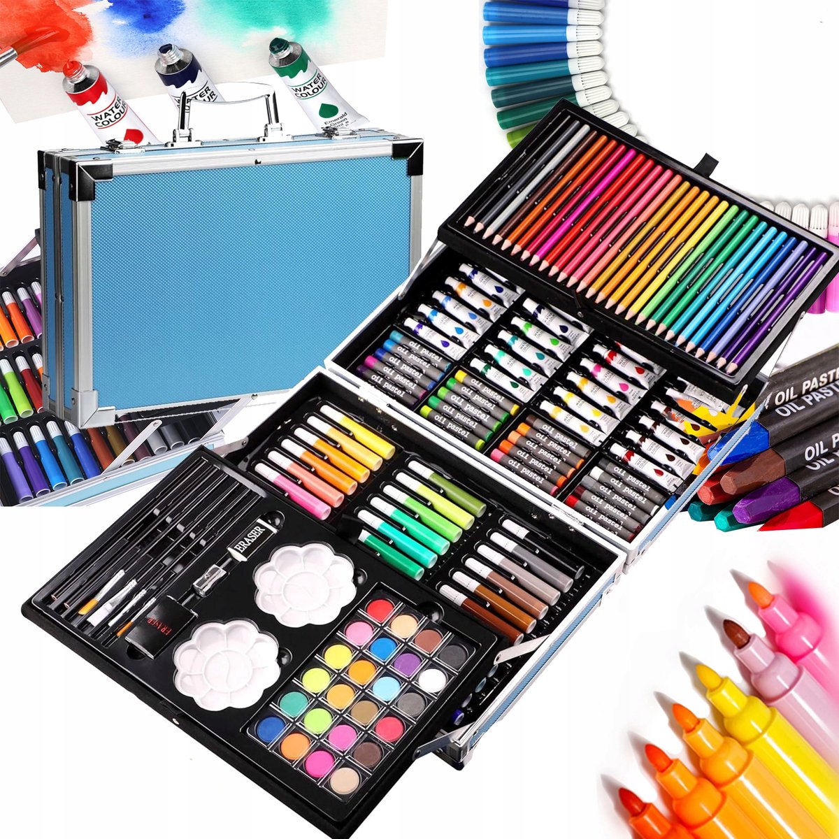 Creatieve Teken- en Schilderkit voor Kinderen - 145 Delen in Aluminium Koffer
