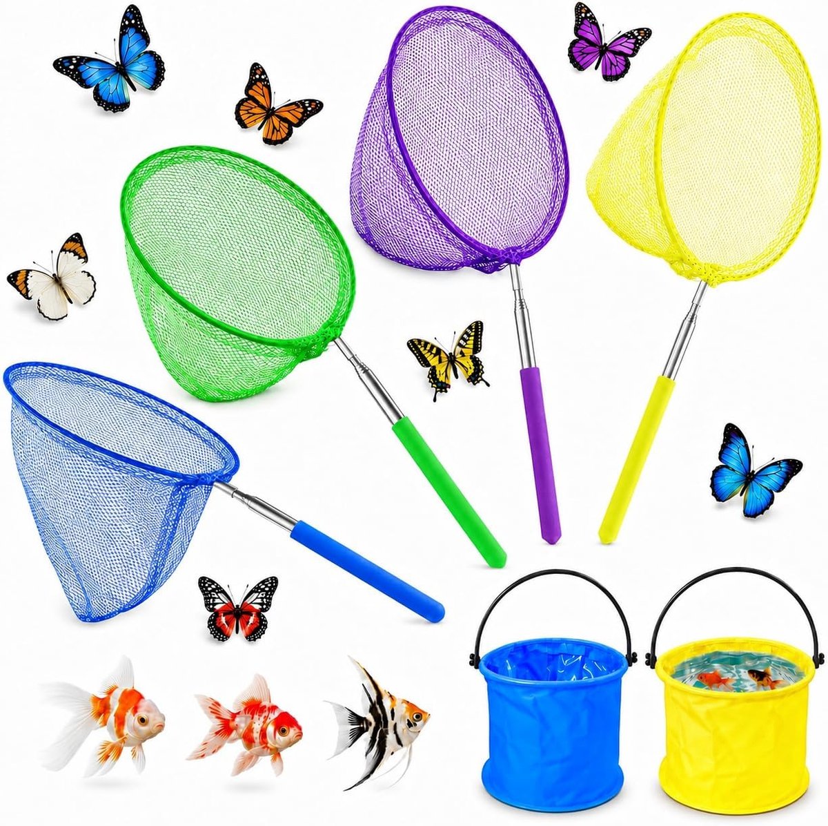 Kescher Set of 4 Children's Telescopic Butterfly Net with 2 Folding Buckets Fishing Net for Children, Children's - ShopVlot