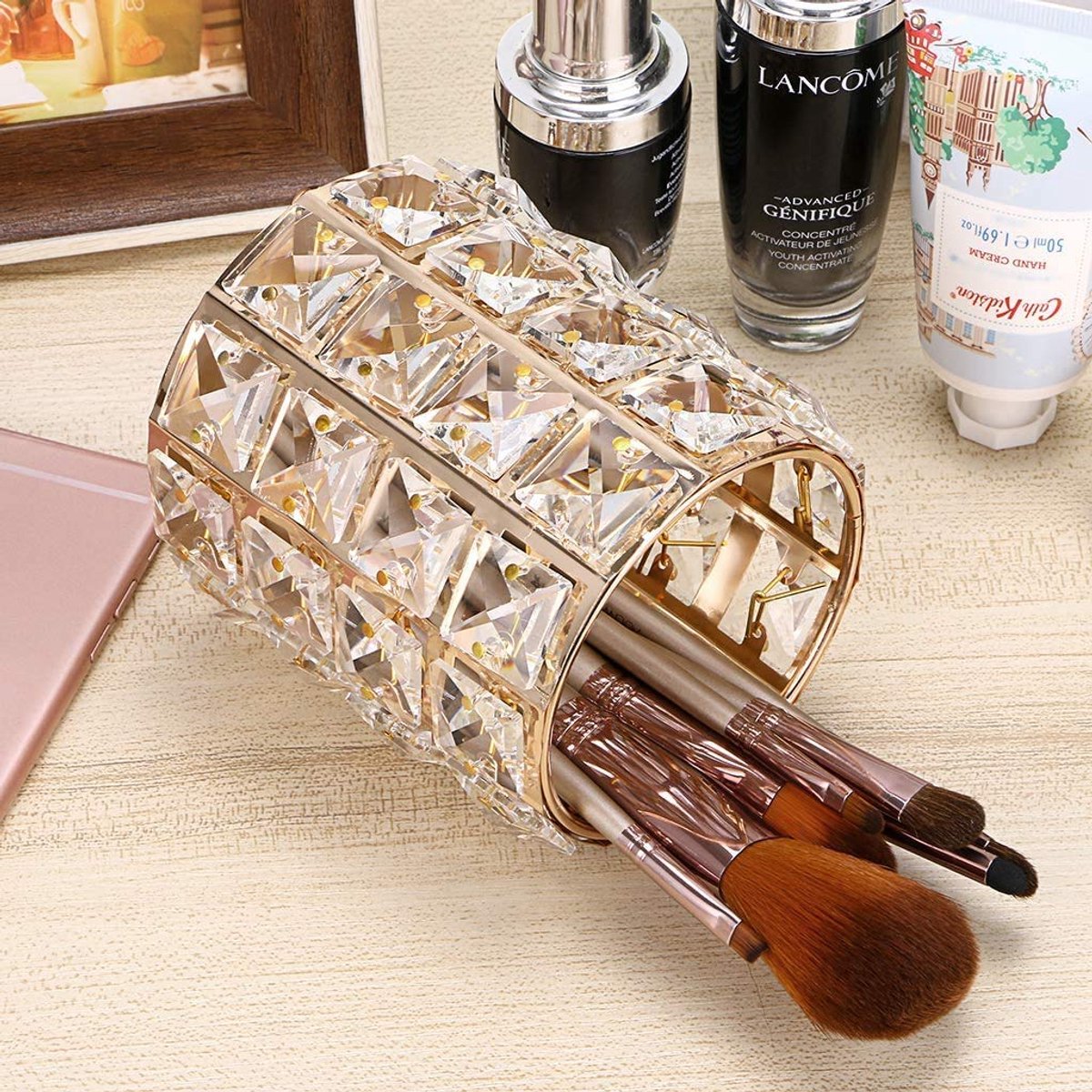 POFET 4 inch/10 cm Make-up Borstel Houder Kristal Kralen Houder Opslag Potlood Cup Cosmetica Organizer Gouden - ShopVlot