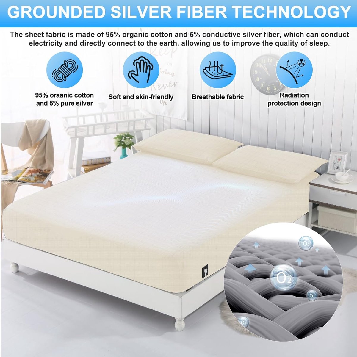 panthem Grounding Fitted Sheet 180x200 cm Beige 38cm Deep Pocket Earthing Fitted Sheet Earthing Sheet for Better Sleep - ShopVlot
