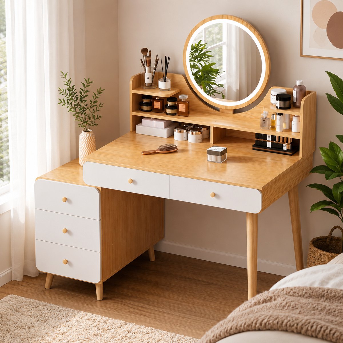 Modern Scandinavisch Wit & Hout Dressingkast met 5 Laden & 5 Planken, Inklapbaar Opbergmeubel, Ruimtebesparend, Eenvoudige Montage