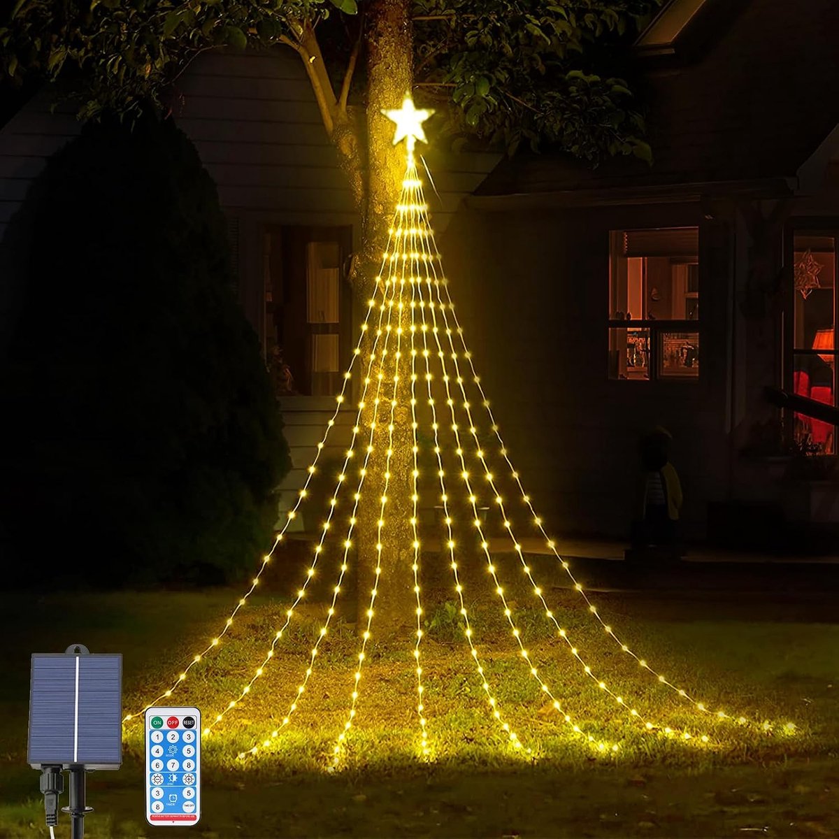 Solar String Lights: Waterproof 2m x 9 Strands 8 Modes Waterfall Tree Lights with Remote Control, Ideal for Garden - ShopVlot