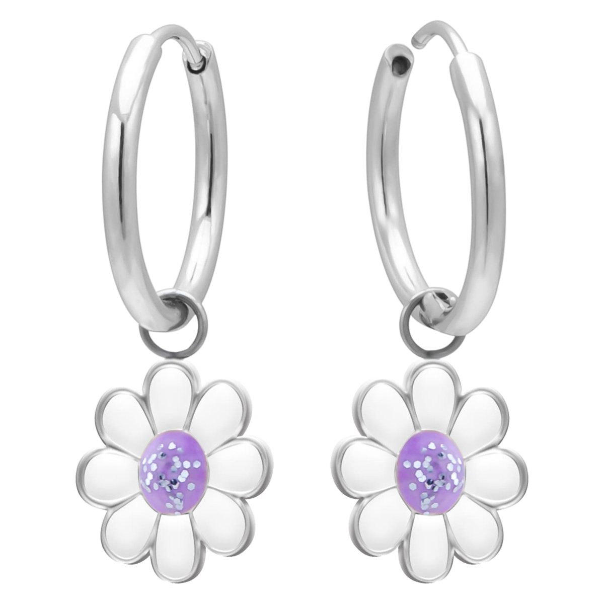 Kinderoorbellen Meisjes – Oorhangers Bloem – 316L Chirurgisch Staal – Geschikt voor Gevoelige Oren – Witte Bloem Oorbellen met Lila Glitter – Oorringen 12 mm