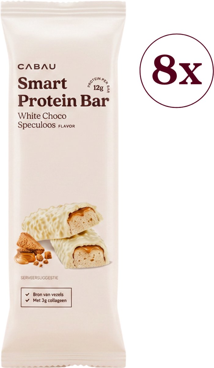 Cabau – Smart Protein Bar – White Choco Speculoos – Eiwitreep 12 Gram Eiwit, Onder 200 kcal – Rijk aan Vezels – Guilt-Free Tussendoortje – Doos met 8 Repen van 45 Gram