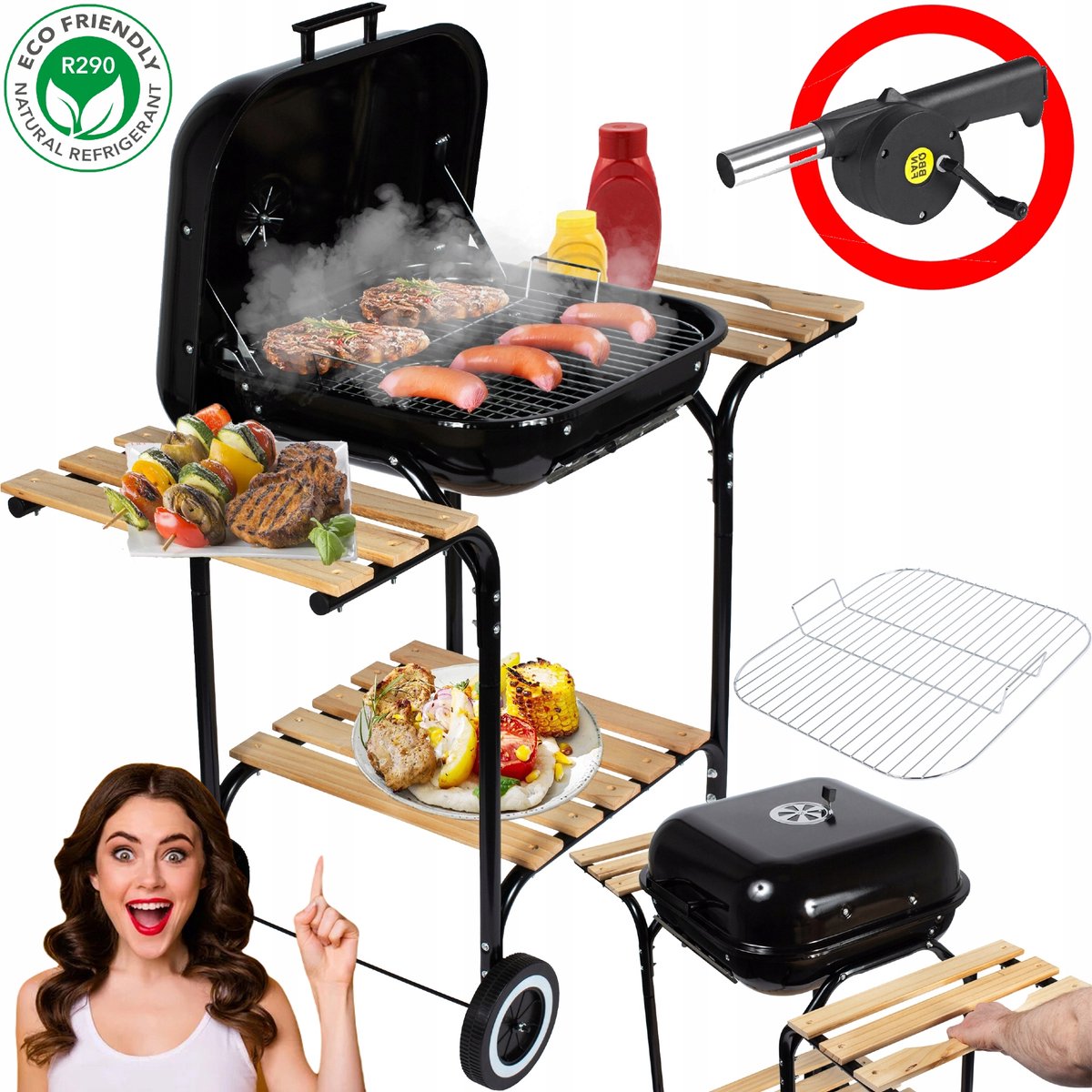 Grote Houtskool BBQ met Deksel, Chromen Rooster, Wielen & Plankjes