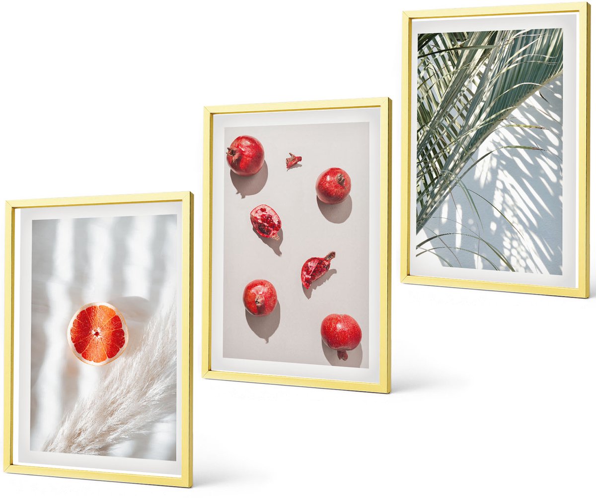 Coloray 3-Delige Schilderij Set - Vakantie Tropische Vruchten Palmbladeren Belettering - 40 x 40 cm En 40 x 60 cm - Wanddecoratie - Schilderijen Set - Interieur