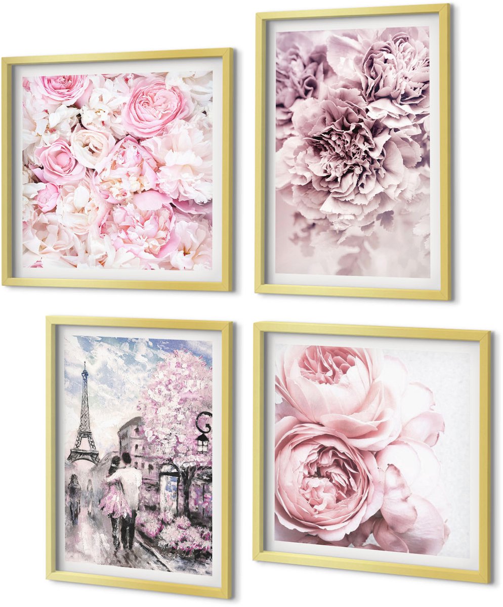 Coloray 4-Delige Schilderij Set - Bloemen in verschillende tinten roze, romantisch landschap - 40 x 40 cm en 40 x 60 cm - Stijlvolle Wanddecoratie - Interieur
