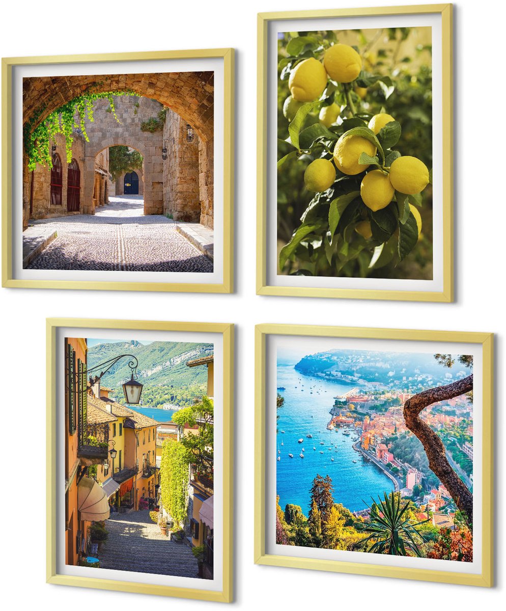 Coloray 4-Delige Schilderij Set - Schilderachtige straatjes langs de kust, uitzicht op de zee en citroenen. - 40 x 40 cm en 40 x 60 cm - Wanddecoratie - Schilderijen Set - Kantoor - Muurdecoratie