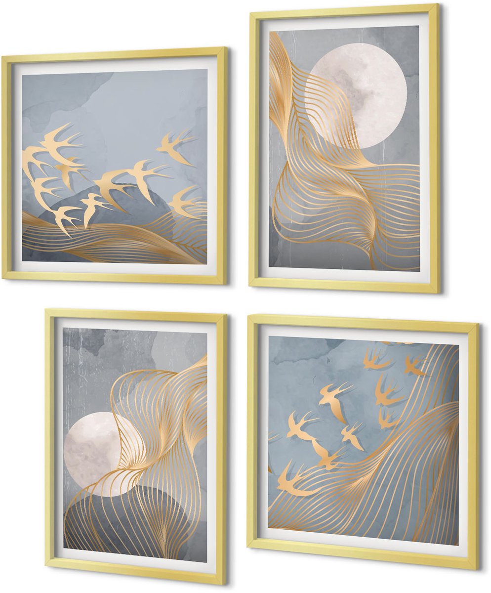 Coloray 4-Delige Schilderij Set - Abstracte patronen met golven en cirkels op een grijze achtergrond. - 40 x 40 cm en 40 x 60 cm - Muurdecoratie - Wanddecoratie - Hal - Moderne Wanddecoratie