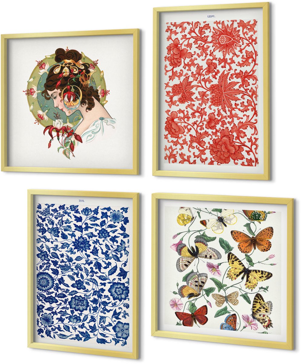 Coloray 4-Delige Schilderij Set - Vintage posters met bloemen, vlinders en ornamenten - 40 x 40 cm en 40 x 60 cm - Muurdecoratie - Decoratieve Schilderijen - Wohnzimmer