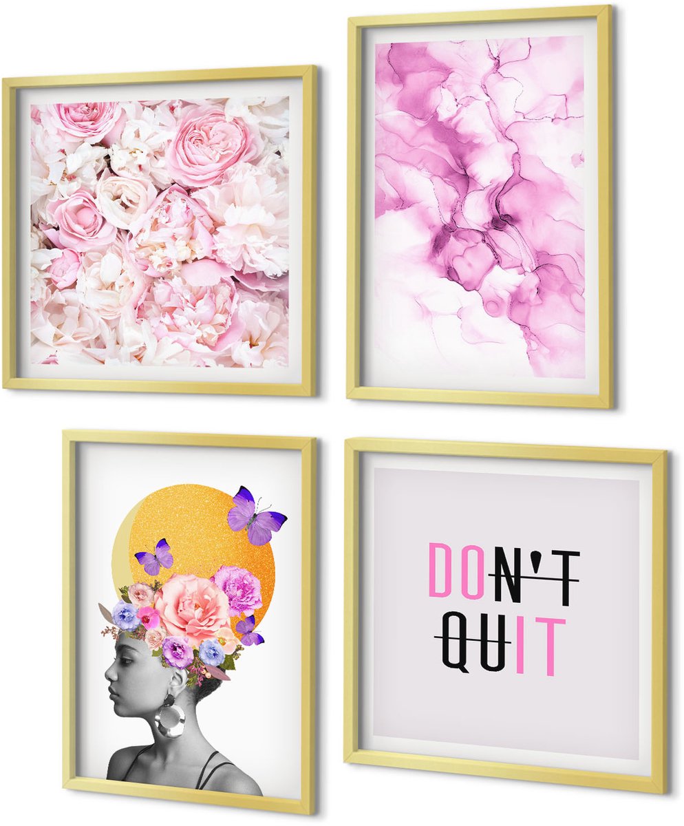 Coloray 4-Delige Schilderij Set - Inspirerende inscriptie, bloemen, abstract portret van een vrouw - 40 x 40 cm en 40 x 60 cm - Muurdecoratie - Wanddecoratie - Hal - Moderne Wanddecoratie