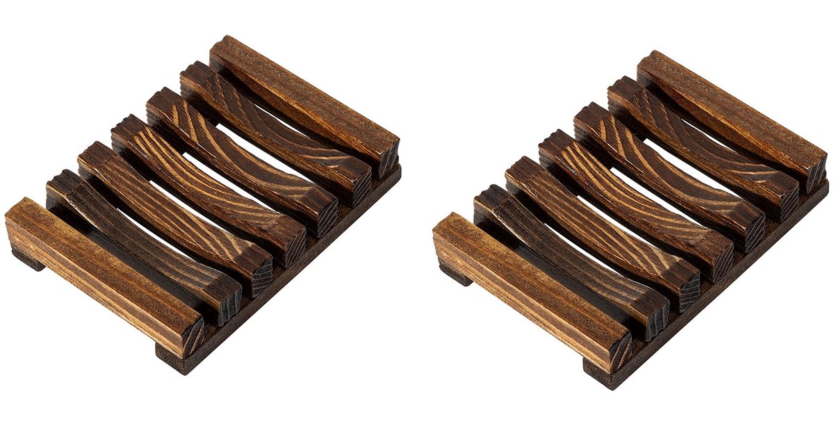 Trywise 2 Stuks Houten Zeepbakjes - Zelfdrogende Zeephouders met Afvoer - 11 x 8 x 2,1 cm - Voor Badkamer en Keuken - Koffiekleurig