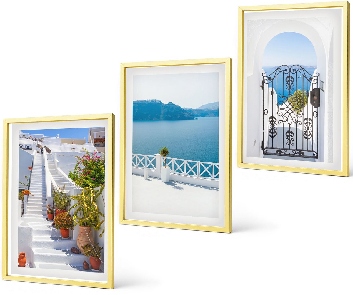 Coloray 3-Delige Schilderij Set - Witte Trap Met Planten, Uitzicht Op Zee En Poort - 40 x 40 cm En 40 x 60 cm - Wanddecoratie - Schilderijen Set - Interieur - Woonkamer Decoratie