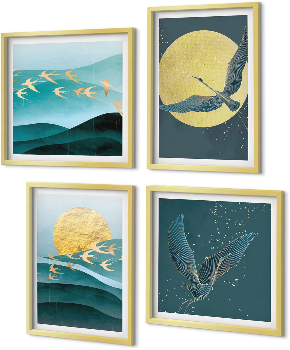 Coloray 4-Delige Schilderij Set - Stijlvolle abstracte landschappen met vogels - 40 x 40 cm en 40 x 60 cm - Stijlvolle Wanddecoratie - Interieur - Woonkamer Decoratie