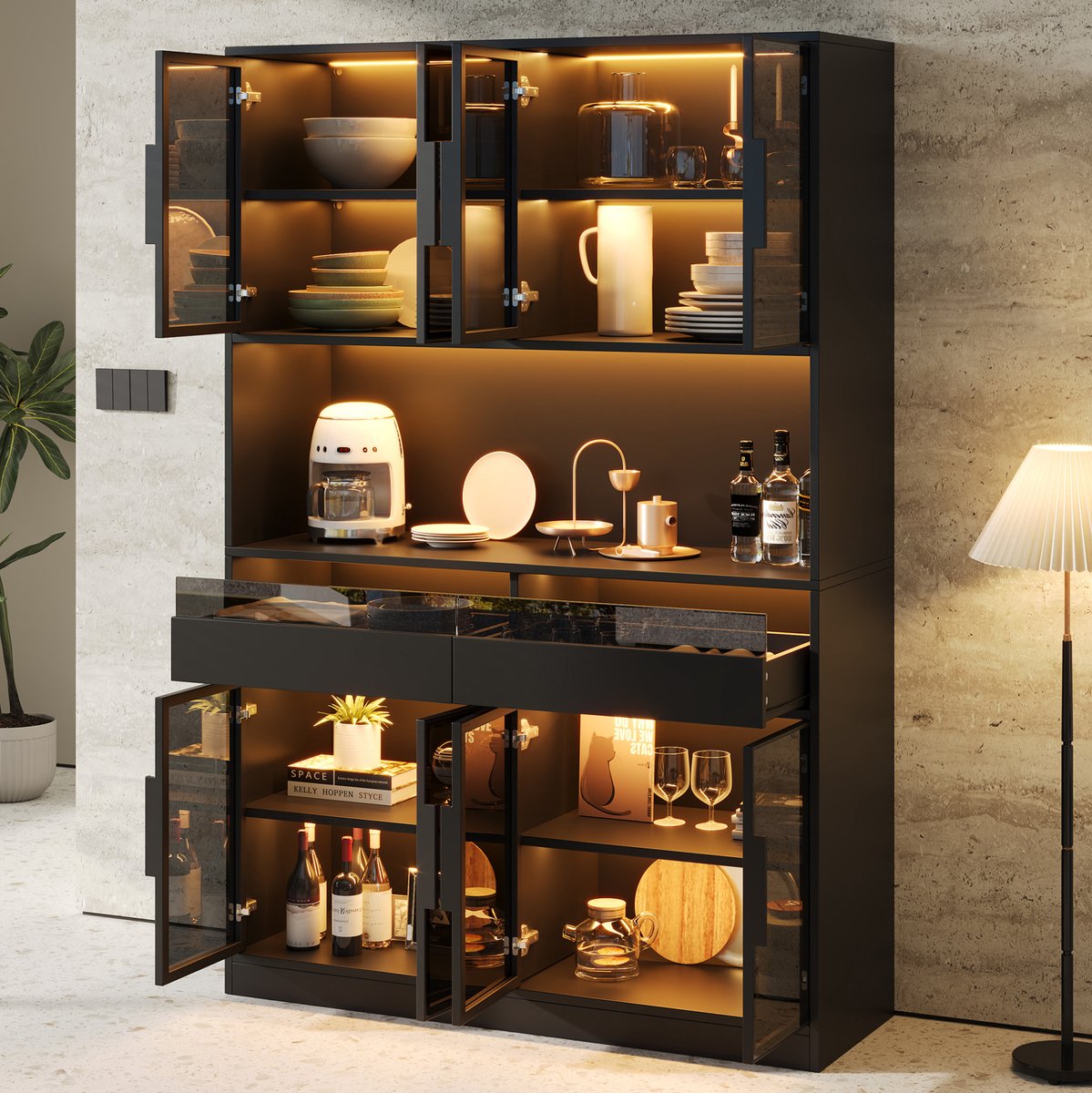 MIVRAY Vitrinekast - LED-Verlichting Met 8 Deuren En 2 Lades - Voor Woonkamer, Eetkamer En Keuken - MDF En Gehard Glas - 120x40x180 Cm - Zwart