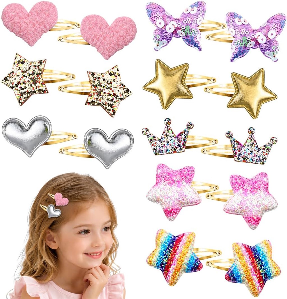 16 haarspelden met sterren voor meisjes, van ijzer, PU en PET, 2,5 cm, meerkleurig, ideaal voor feestjes en speciale - ShopVlot