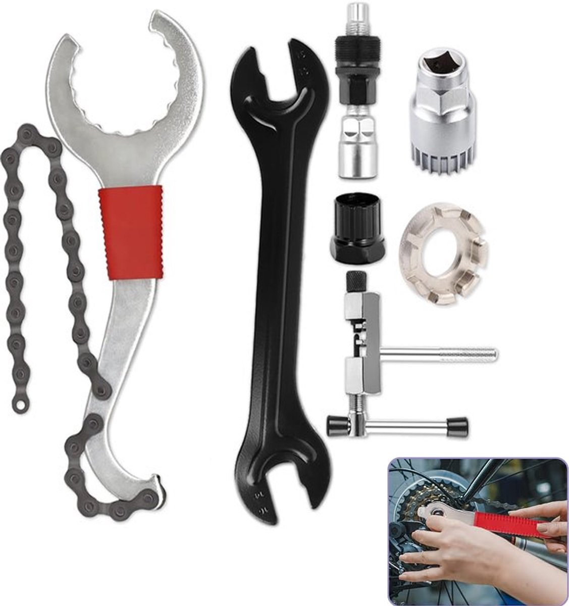 KZQ 7-delige fietsreparatieset met 3-in-1 cassette verwijderingsgereedschap - Kettingzweep en krukas trekker - 16mm moersleutel voor montage en demontage