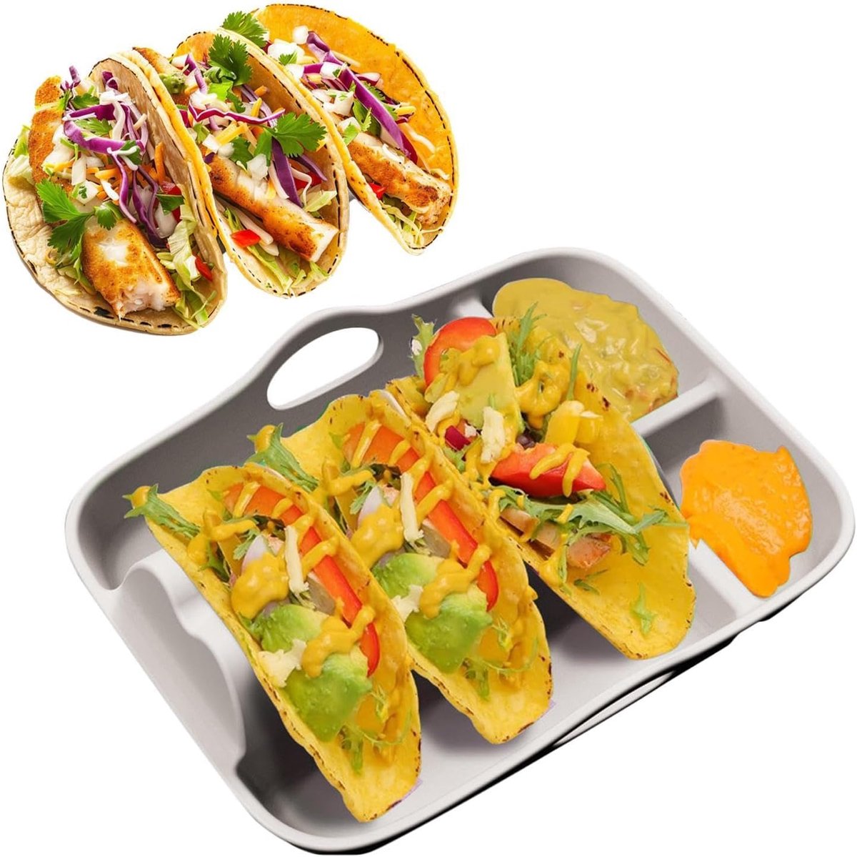 Ulisem - Taco Houder - Taco Serveerschaal - Taco Tray met Dipvakjes - Snackbord - Voor Taco’s Snacks en Sauzen - Voor Feest Picknick en Barbecue - Gebroken wit