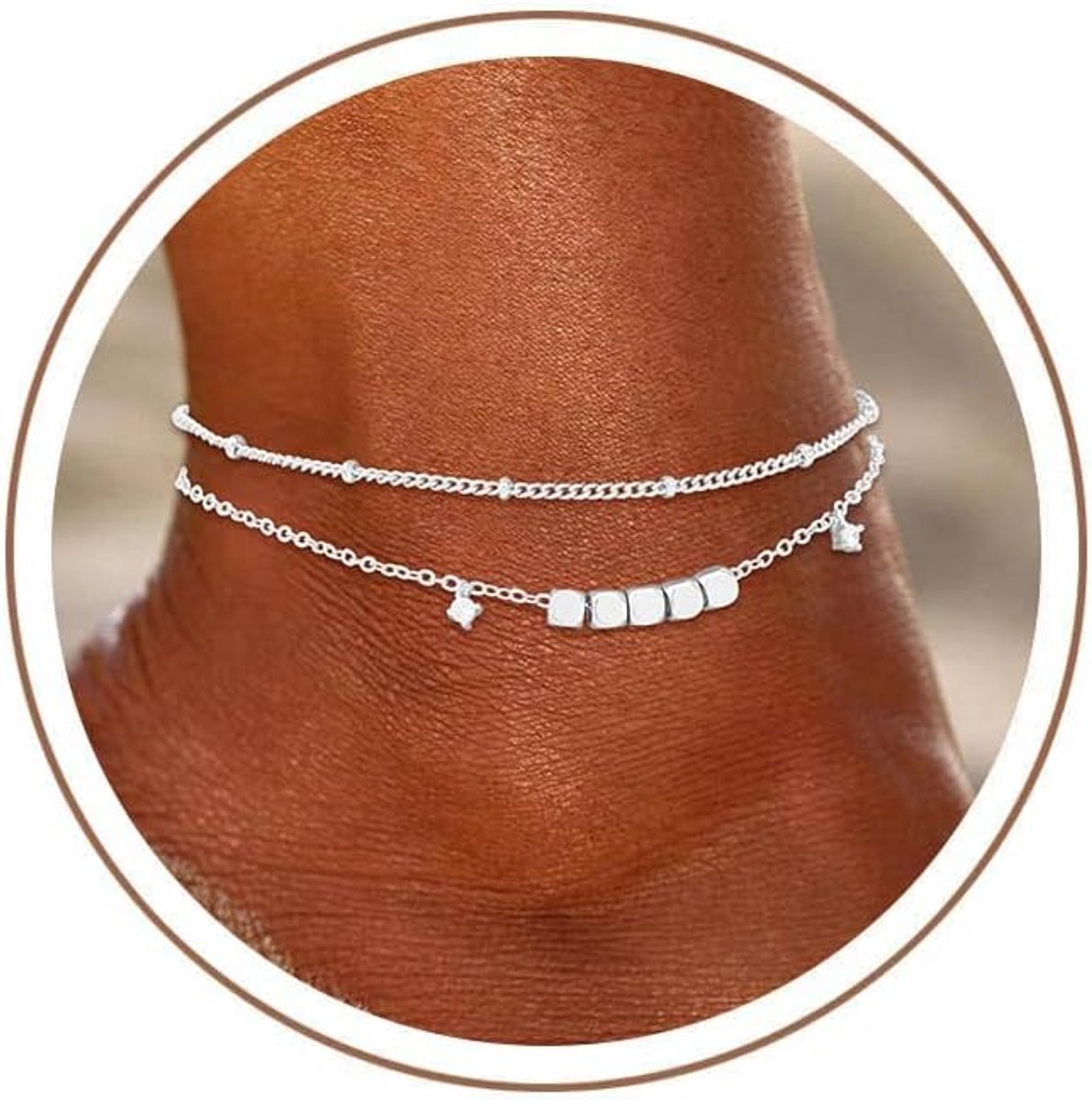 Enkelbandje voor dames, 925 zilver, 925 goud, dubbel hart, parels, twist, oneindigheid, waterdicht, verstelbaar, voor - ShopVlot