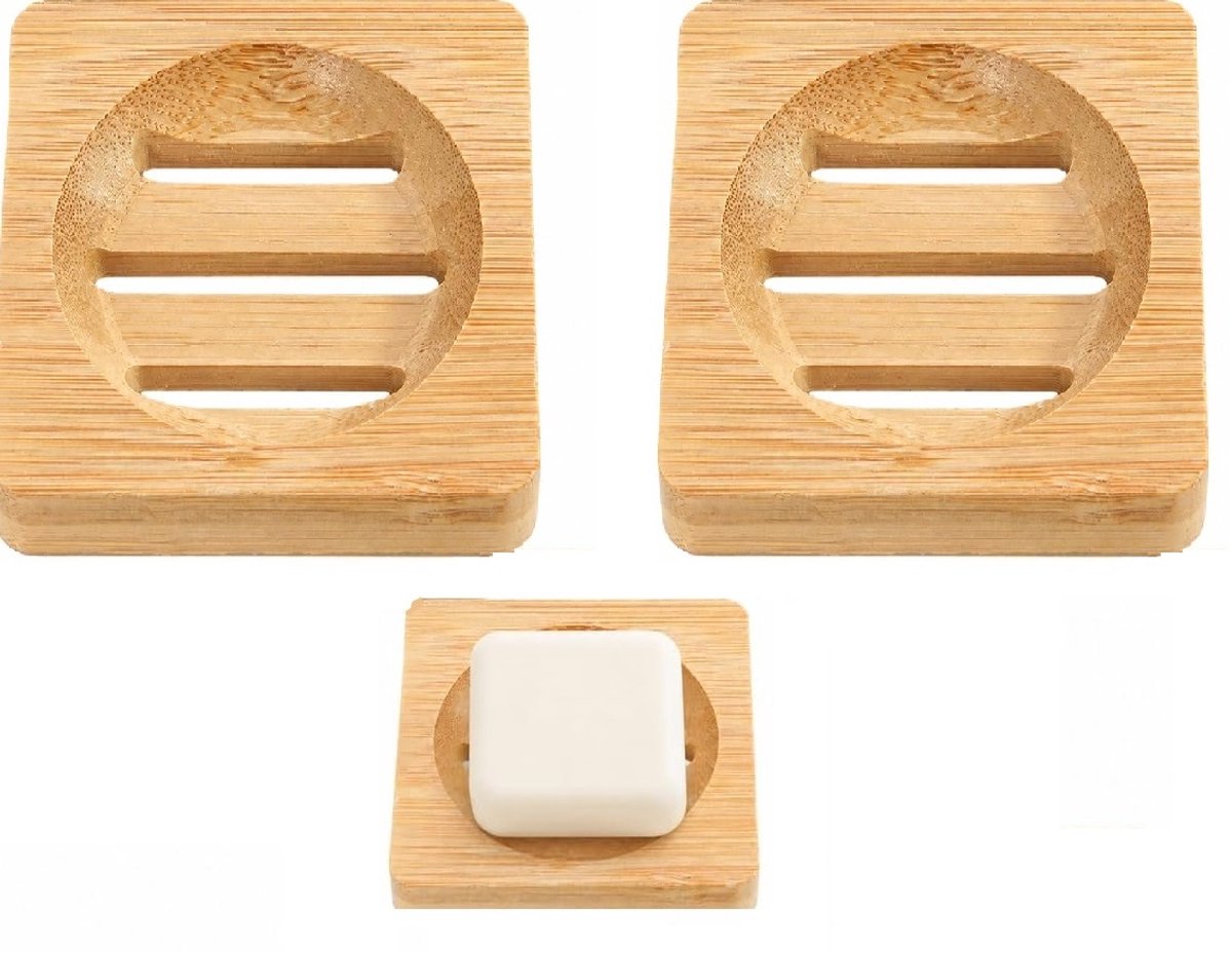 Trywise 2 Stuks Vierkante Bamboe Zeepbakjes - Verhoogde Zeephouders met Afvoersleuven - Voor Badkamer, Douche en Keuken