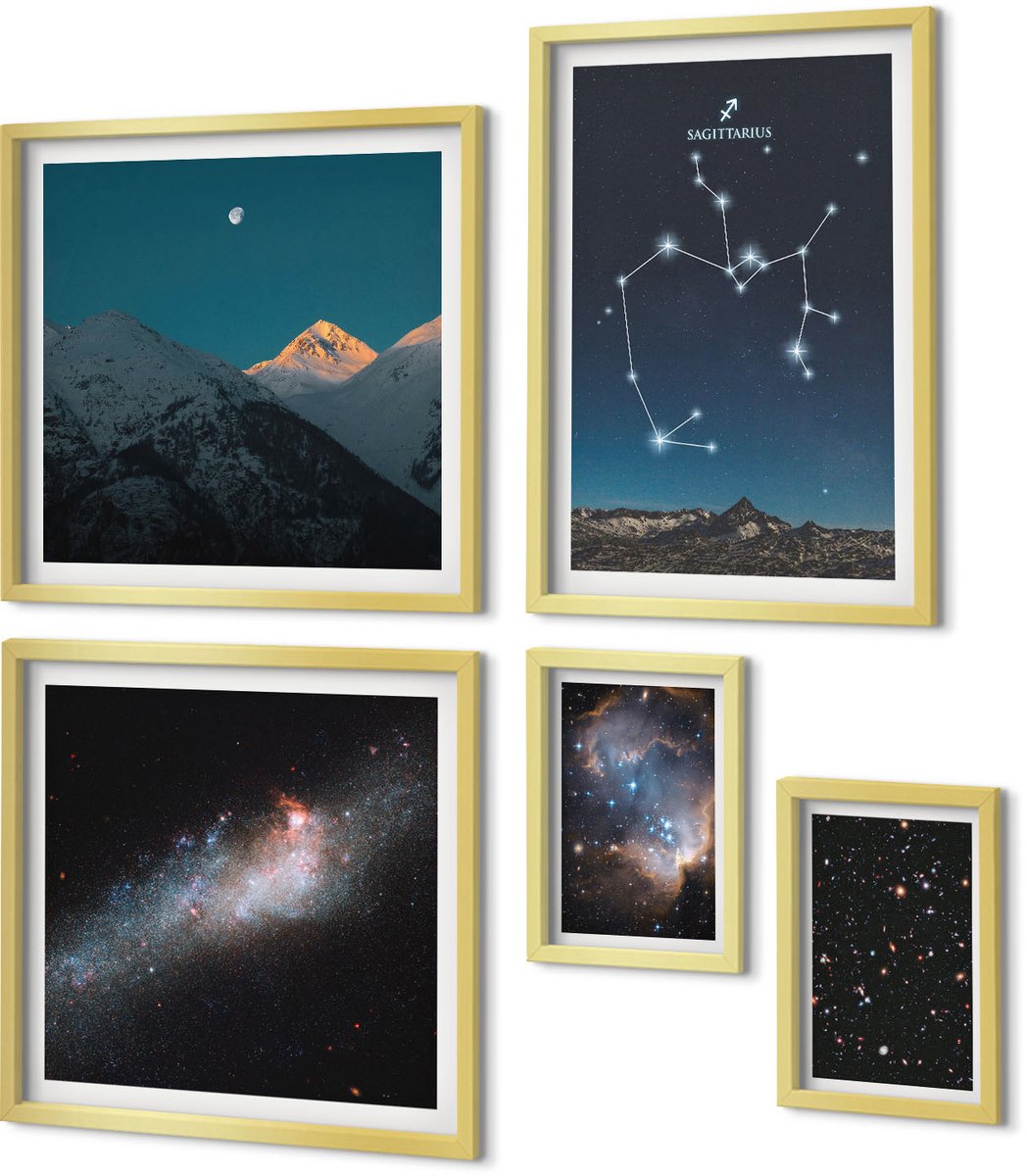 Coloray 5-Delige Schilderij Set - Ruimtelandschappen Met Sterrenbeelden En Melkwegen - 50 x 50 cm, 20 x 30 cm En 40 x 60 cm - Wanddecoratie - Schilderijen Set - Interieur