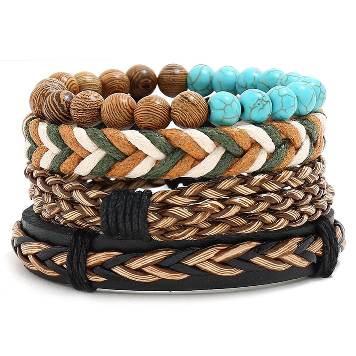 Uniseks Armbandenset Turquoise Bruin – 6-Delige Surfer Armbandjes met Kralen en Koord – Boho Bohemian Stijl