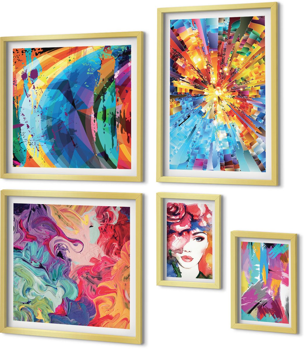 Coloray 5-Delige Schilderij Set - Abstracte, Kleurrijke Composities In Een Moderne Stijl. - 50 x 50 cm, 20 x 30 cm En 40 x 60 cm - Decoratieve Muurdecoratie - Slaapkamer - Woonkamer Decoratie