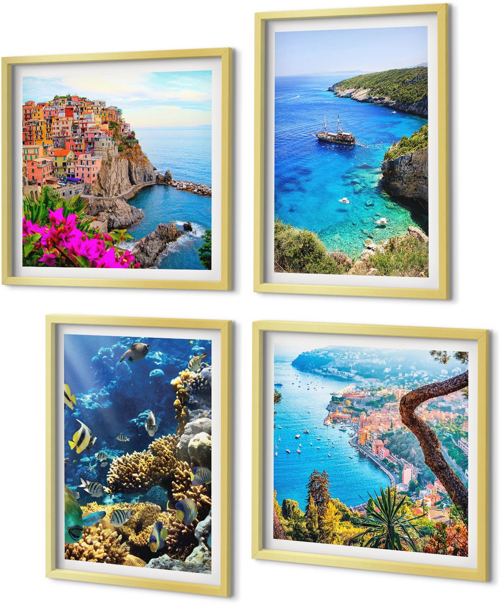 Coloray 4-Delige Schilderij Set - Uitzicht op zee met kleurrijke huizen en een koraalrif. - 40 x 40 cm en 40 x 60 cm - Decoratieve Schilderijen - Wanddecoratie - Hal - Woonkamer Decoratie
