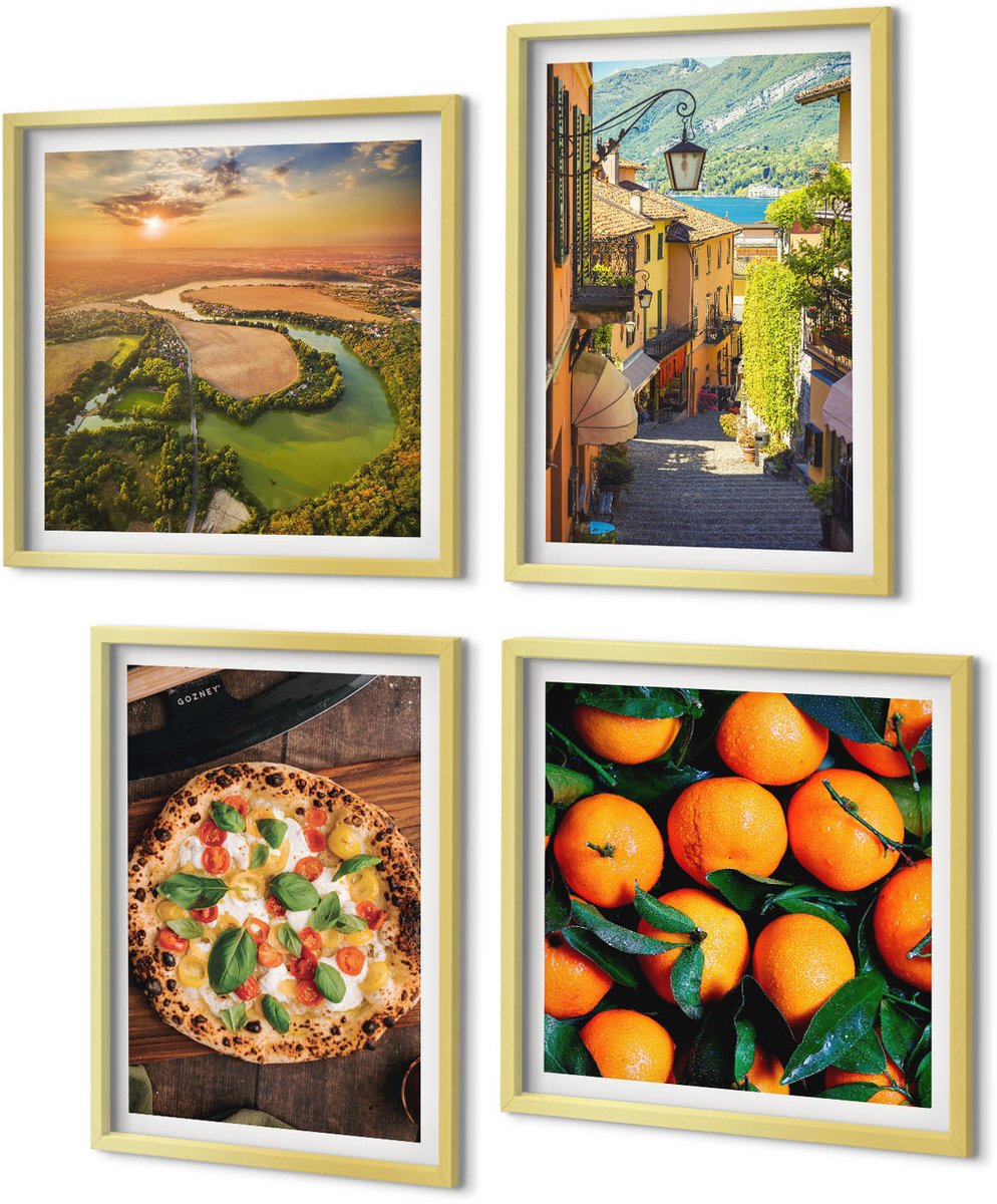 Coloray 4-Delige Schilderij Set - Italiaanse landschappen met een rivier, heuvels en een stadsstraat - 40 x 40 cm en 40 x 60 cm - Wanddecoratie - Woonkamer Decoratie - Decoratieve Schilderijen