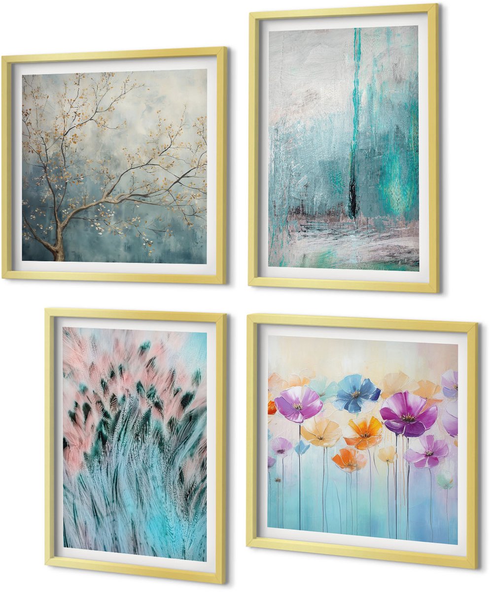 Coloray 4-Delige Schilderij Set - Bloemen op een achtergrond van pastelkleuren en delicate patronen. - 40 x 40 cm en 40 x 60 cm - Wanddecoratie - Schilderijen Set - Interieur - Muurdecoratie